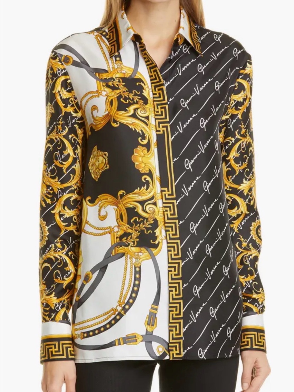 Versace Black, White & Gold Mixed Baroque Button-Down Shirt